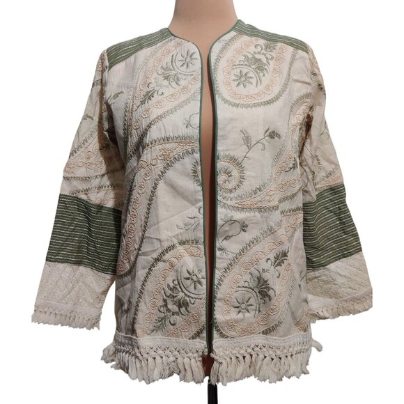Womens L Jacket Boho Embroidered Fringe Cream Green Open Front Folk Artisan Indi - Picture 1 of 12